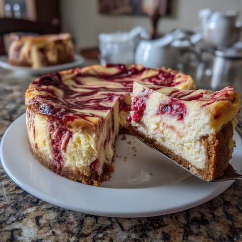 Ein Stück German Cheesecake mit einer Berry-Schwirl-Zwirbelung auf einem weißen Platter.