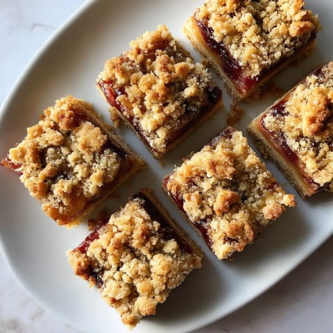 Ein weißer Teller mit sechs Plum Crumble Bars darauf.