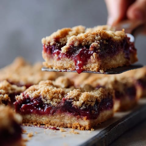 Ein Stück Plum Crumble Bars, das auf einem Teller liegt.