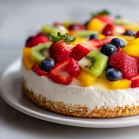 Eine Torte mit frischem Obst, darunter Strawberries, Kiwi, Blueberries und Kiwis.