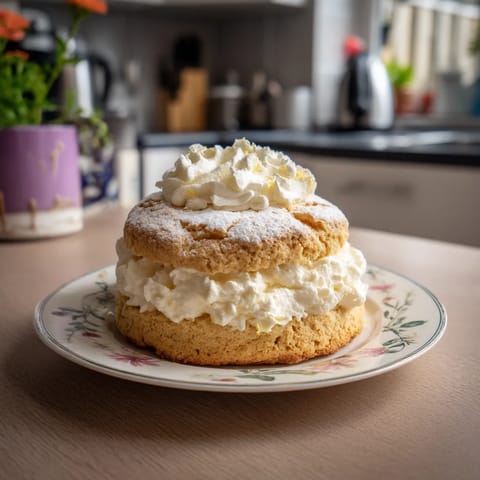 Ein Teller mit einem Elderflower Shortcake, der mit Sahne und Zucker garniert ist.