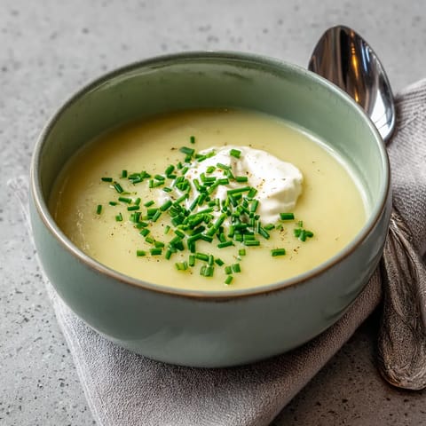 Ein Schalen mit einer cremigen Suppe, die aus Kartoffeln und Leeks hergestellt wurde.