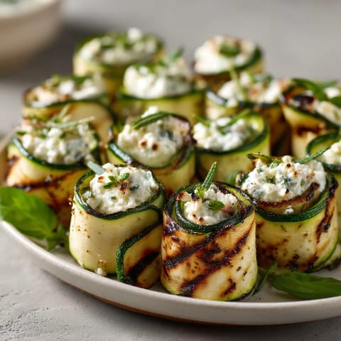 Eine Platte mit Grilled Zucchini Rolls, die mit Cream Cheese gefüllt sind.