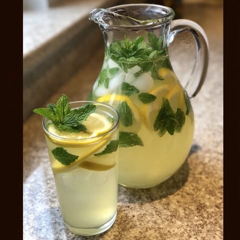 Ein Glas Elderflower Lemonade mit Mint und ein Becher mit Elderflower Lemonade mit Mint auf einem Tisch.