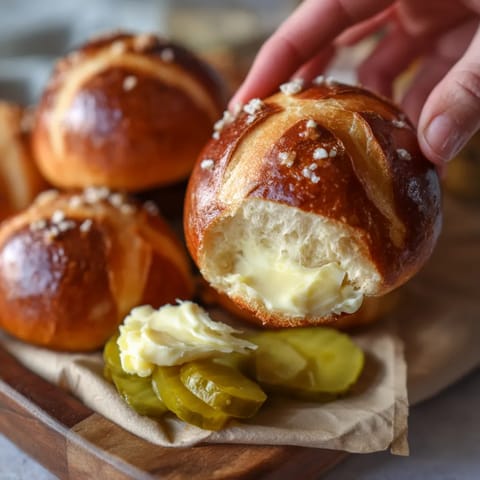 Ein Bündel Pretzel-Rolls mit Butter und Pickles auf einem Teller.