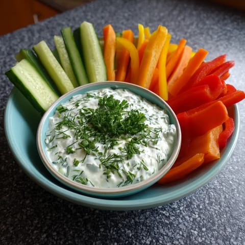 Ein Schälchen mit einer Mischung aus Käse und Kräutern, darunter Zwiebeln, sitzt auf einem Teller.
