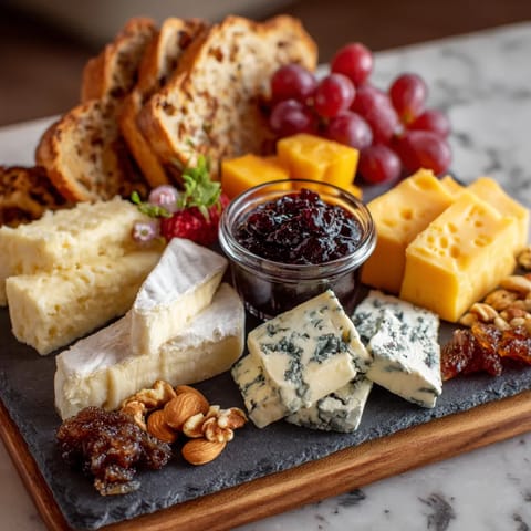 Eine Schüssel mit frischem Käse und eine Schüssel mit einer saisonalen Beeren-Sauce auf einem Tisch.