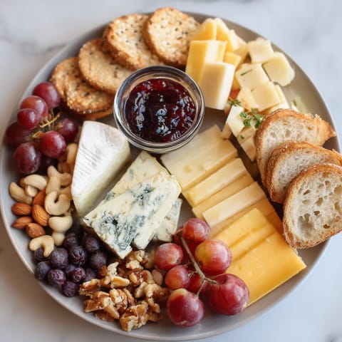 Ein Platter mit verschiedenen Käsearten und einer Beilage aus Essiggurken.