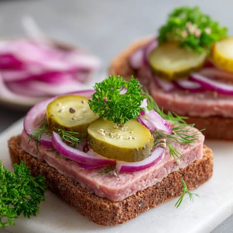 Eine Scheibe Liverwurst auf einem Pumpernickel-Brot.