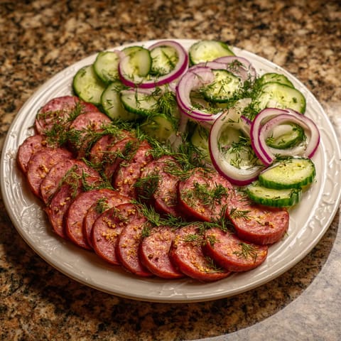 Ein weißer Teller mit saurem Käse, Zwiebeln und Kartoffeln.