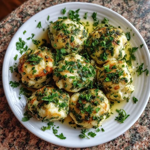 Ein weißer Teller mit Quarkknödelchen, die mit herzhaften Kräutern garniert sind.