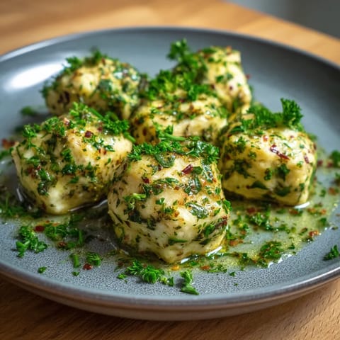 Ein Plate mit Quarkknödel, die mit herzhaften Kräutern garniert sind.