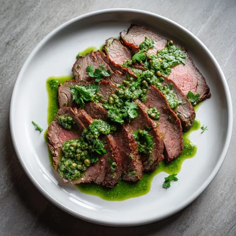 Ein weißer Teller mit einem Stück roasteten Rindfleisch, das mit einer grünen Sauce garniert ist.