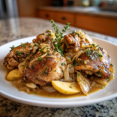 Ein weißer Teller mit braisierten Chicken-Thighs, die mit Zwiebeln und Wein garniert sind.