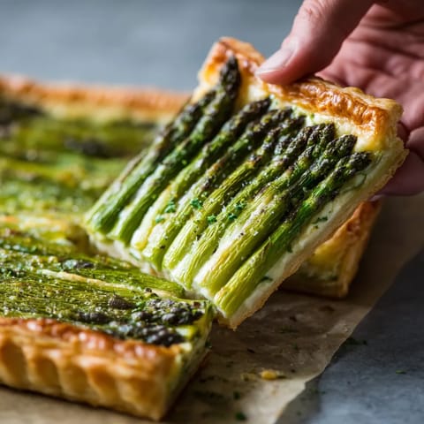 Ein Stück Asparagus Tart mit Puff Pastry wird von einer Hand gegriffen.