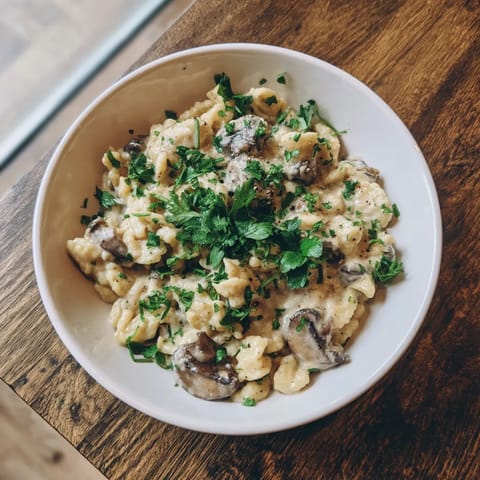 Ein weißer Teller mit Spaetzle und Champignons.