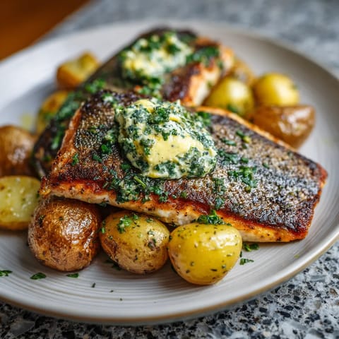 Ein Plate mit Pan-Seared Trout, die mit Herb Butter und New Potatoes garniert sind.