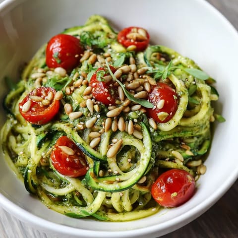Ein weißer Teller mit Zucchini-Nudeln, die mit Pesto und gerösteten Sonnenblumenkernen garniert sind.
