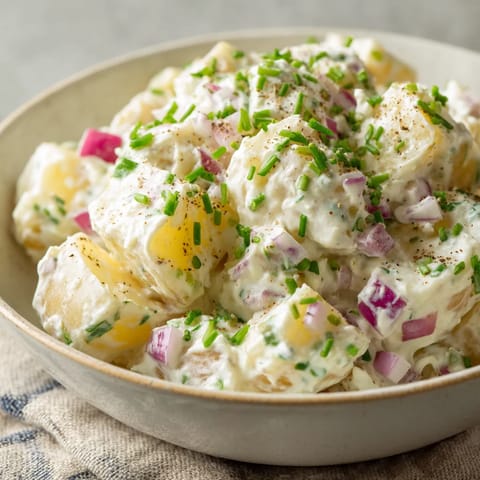 Ein Kartoffelsalat mit Joghurt in einem glatten, weißen Behälter.