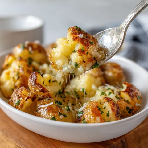 Ein weißer Teller mit frisch zubereiteten, geschmolzenen Papierknöpfchen, die mit Parmesan und Kruste-Fondant garniert sind.