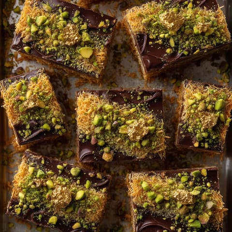 Eine Dubai-Stil Pistachio & Kadaifi Chocolate Platter mit verschiedenen Schokoladen- und Pistachio-Kreationen.