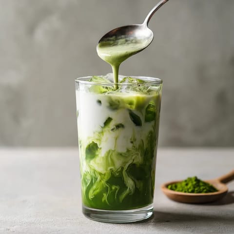 Ein Glas mit Iced Matcha Latte, das mit einem Löffel ausgestrichen wird.