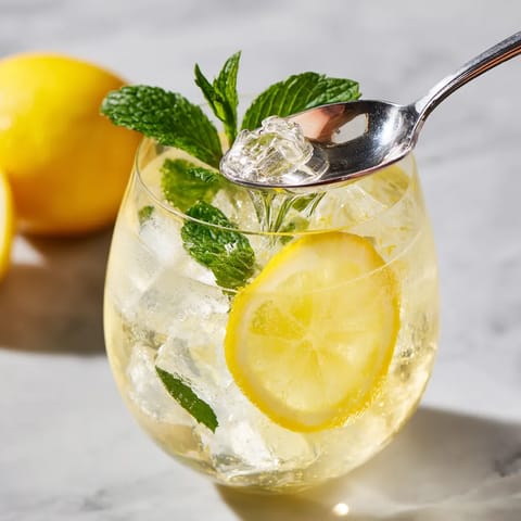 Ein Glas mit Limoncello Spritz, das mit einer Gabel gestochen wird.