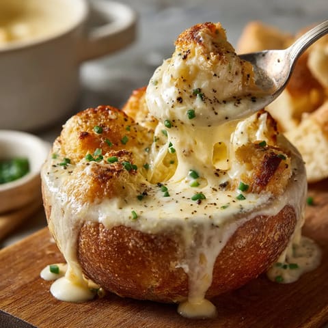 Ein Becher mit Beer Cheese Fondue Bites auf einem Tisch.