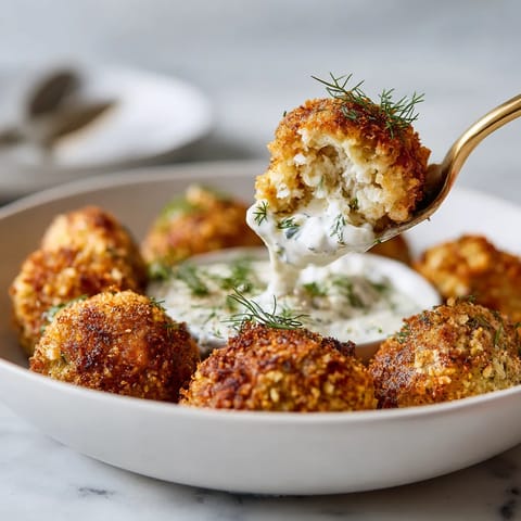 Ein weißer Teller mit Kohlrabi Schnitzel Bites, die in einer Dill Yogurt Dip getaucht sind.