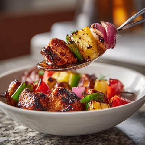 Ein Schälchen mit Grilled Chicken-Pineapple Skewers.