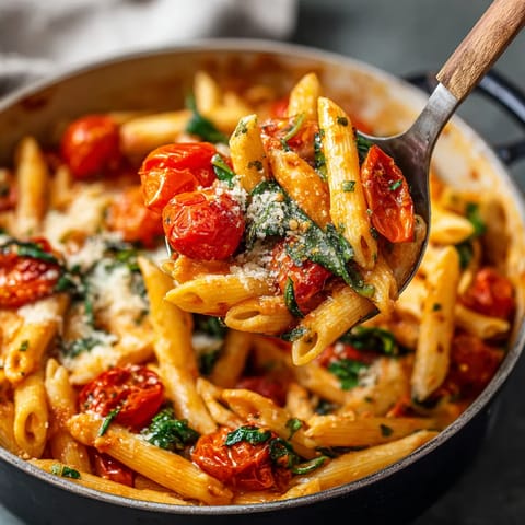 Ein Topf mit Pasta, Tomaten, Basilikum und Käse.