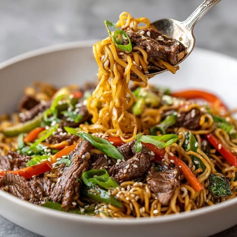 Ein weißer Teller mit Sesame Beef Stir-Fry Noodles.
