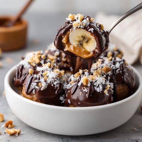 Ein weißer Teller mit Chocolate-Covered Frozen Banana Bites.