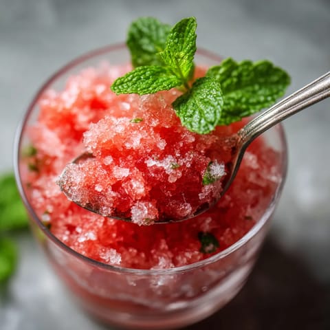 Ein Glas mit Mint-Watermelon-Granita, der mit einer Gabel gestochen wird.