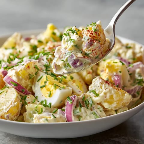 Ein weißer Teller mit einer Mischung aus Kartoffeln, Eiern, Zwiebeln und Mayonnaise.