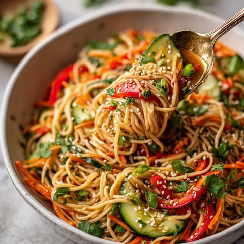 Ein Bogen chinesische Sesamnoodeln, die in einer Schüssel gegeben werden.