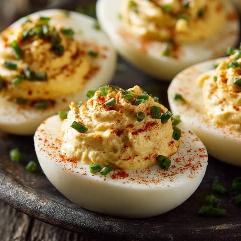Ein Platter mit sechs Deviled Eggs, die mit Mayonnaise und Kräutern garniert sind.
