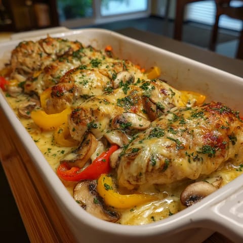 Ein weißer Teller mit einer creamy onion chicken bake mit bell peppers darauf.