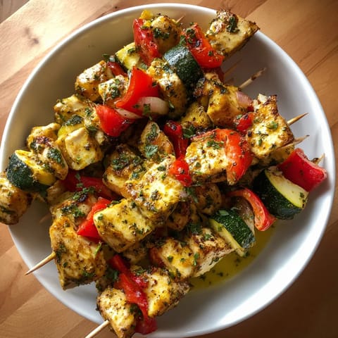 Ein weißer Teller mit Grilled Chicken Skewers und Cowboy Butter Marinade.
