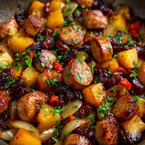 Ein Bild von einer Poêlée de Currywurst aux Prunes "Swicy" mit vielen Zutaten wie Zwiebeln, Paprika, Ingwer, Zucker, Salz und Curry.