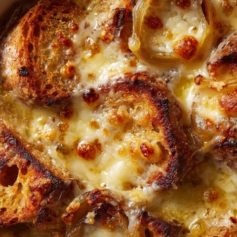 Eine Zwiebelsuppe (Soupe à l'Oignon) mit Fromage auf Toastbrot.