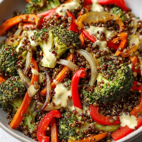 Ein Feierabend-Bowl mit einer Mischung aus Gemüse, darunter Brokkoli, Paprika, Karotten und Zwiebeln, sowie gerösteten Hülsenfrüchten.