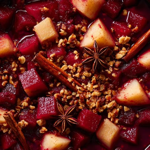 Ein Glühwein-Birnenkompott mit Rumtopf und Zwiebeln.