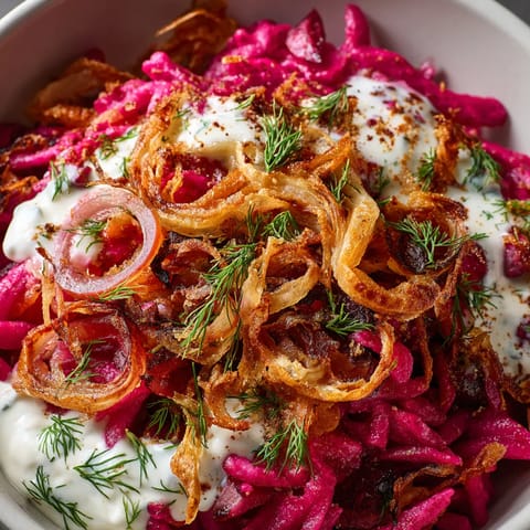 Ein Bild von Rote-Beete-Kässpätzle, das eine Mischung aus Käse, Beeten und Zwiebeln enthält.