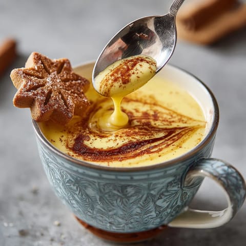 Ein Glas mit Eierpunsch, der mit einer Eierschale und einem Espresso-Twist garniert wird.