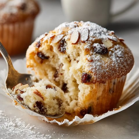Ein Stück Zimt-Stollen Muffins mit einer Schmelzung von Zimt und Mandeln.