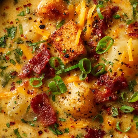 Eine Schüssel mit einer Mischung aus Kartoffeln, Bacon und Käse.