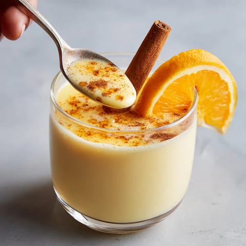 Ein Glas mit Eierpunsch, der mit Gewürz-Orangentrunk garniert wird.