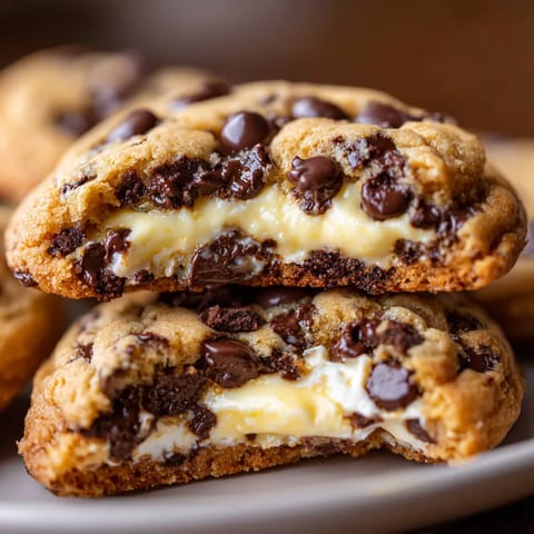 Zwei Cheesecake-Filled Chocolate Chip Cookies auf einem Plate.