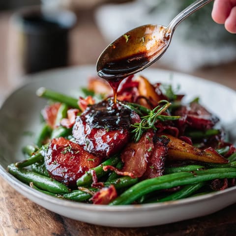Ein Schälchen mit Birnen, Bohnen und Speck auf einem Teller.